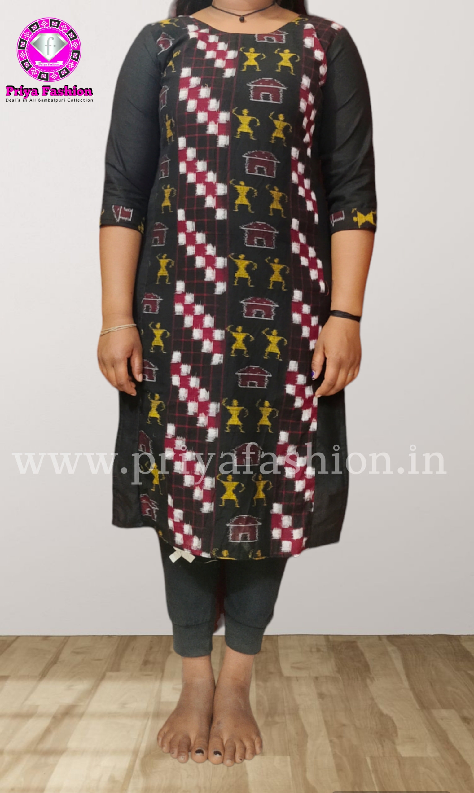 Ikat and sambalpuri round neck red black handloom kurti - Trenditional -  2660728